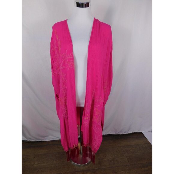 Kimono Cardigan Womens One Size Fuchsia Pink Embroidered Fringe Boho Duster - Picture 2 of 12